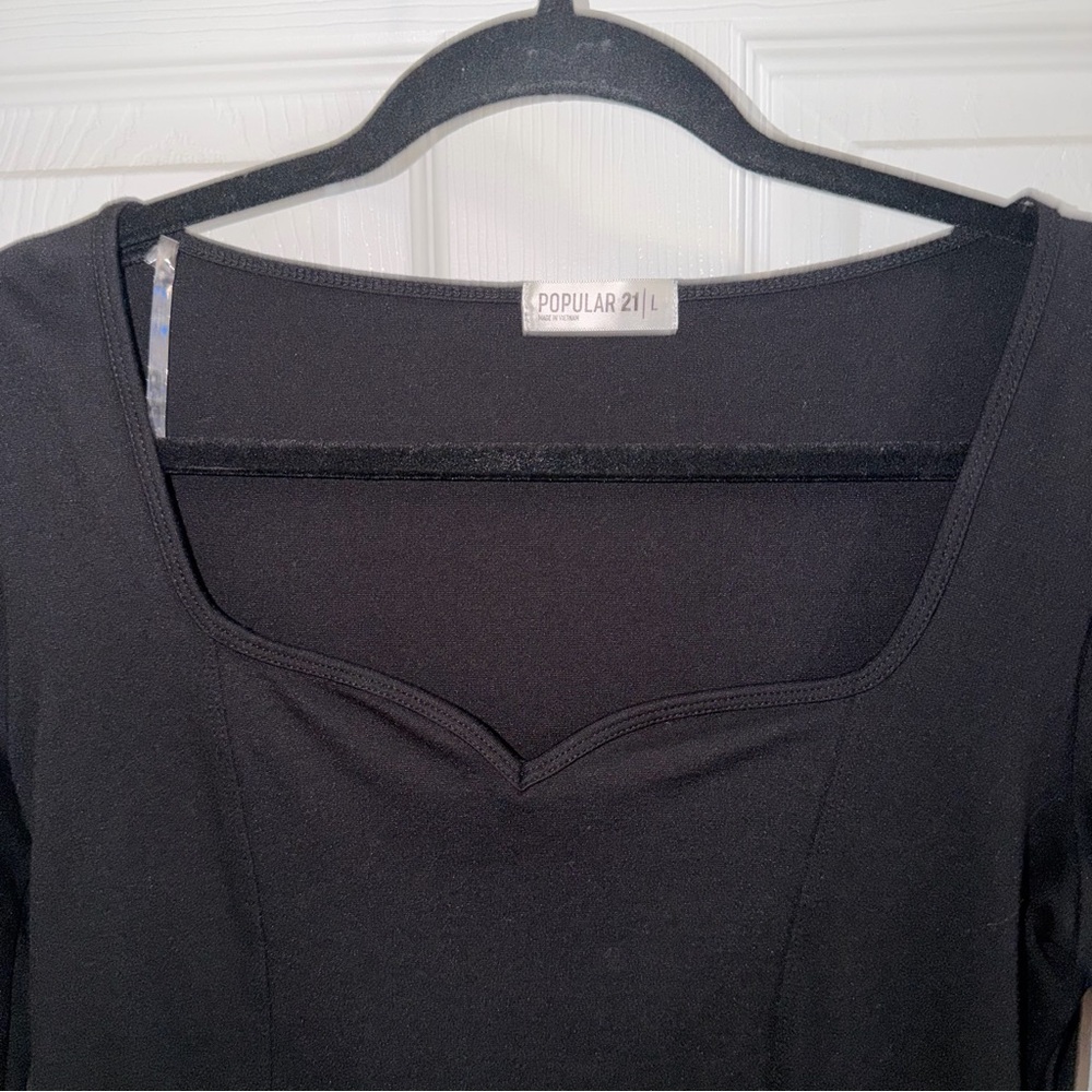 Popular 21 Black Long Sleeve Square Neck Bodysuit Top - Picture 2 of 2